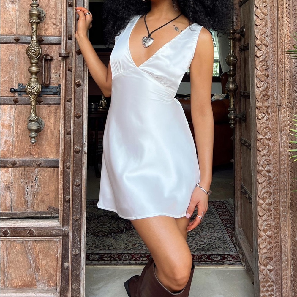 Princess Polly Nellie White Satin Mini Dress V Neck Tie Bow Silky Bridal Party